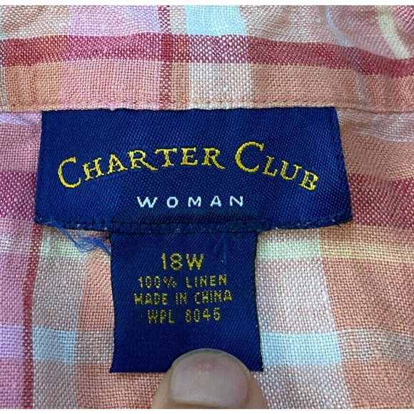 Charter Club Shirt Womens 18W Linen Pink Plaid Button Up Long Sleeve Top - Picture 3 of 5